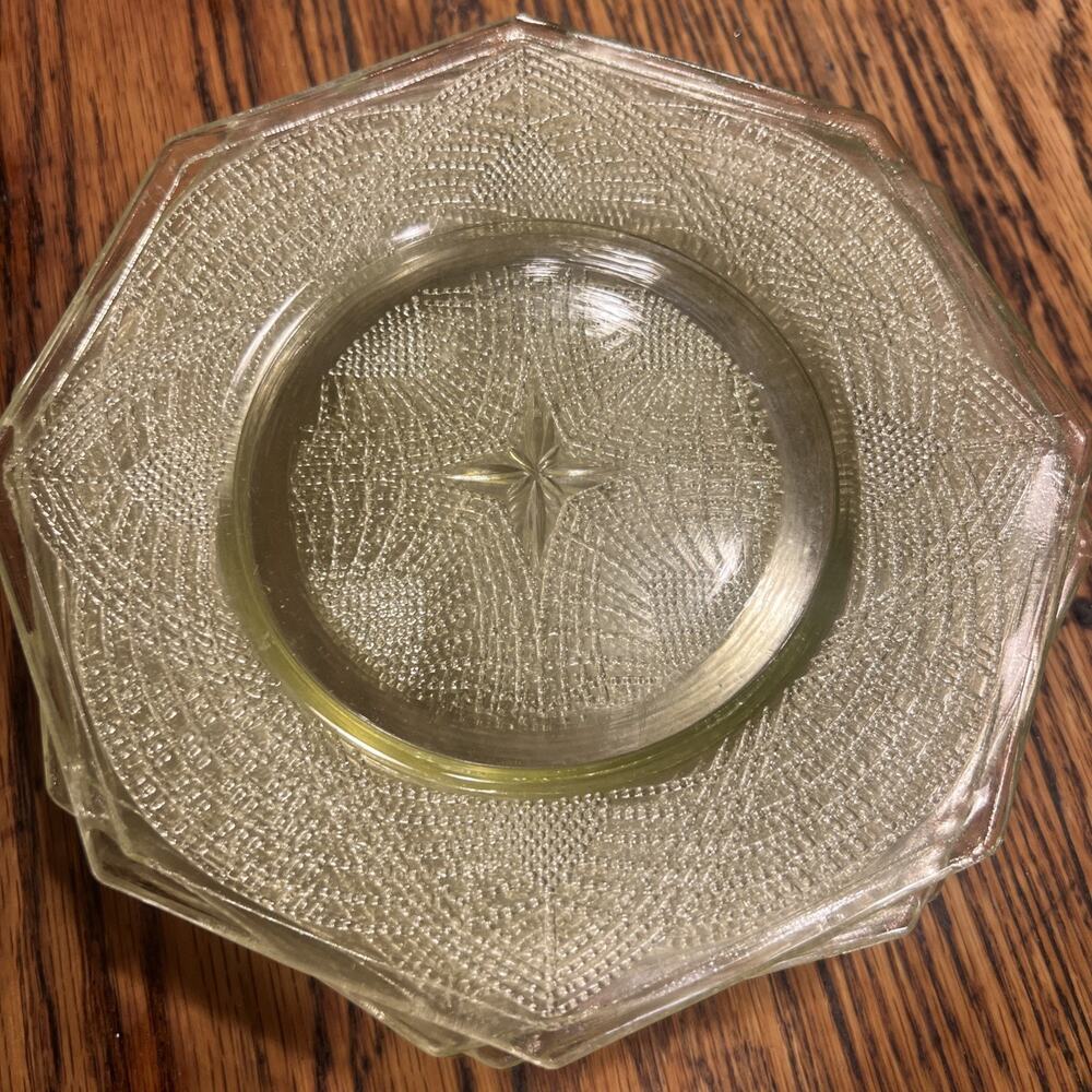6 Depression Glass L.E. SMITH Yellow ROMANESQUE OCTAGON 7.5” PLATES EXCELLENT!